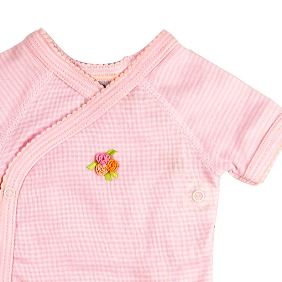 Petit Bateau. Rosa og hvid stribet slå-om body, kort ærme, udsnit