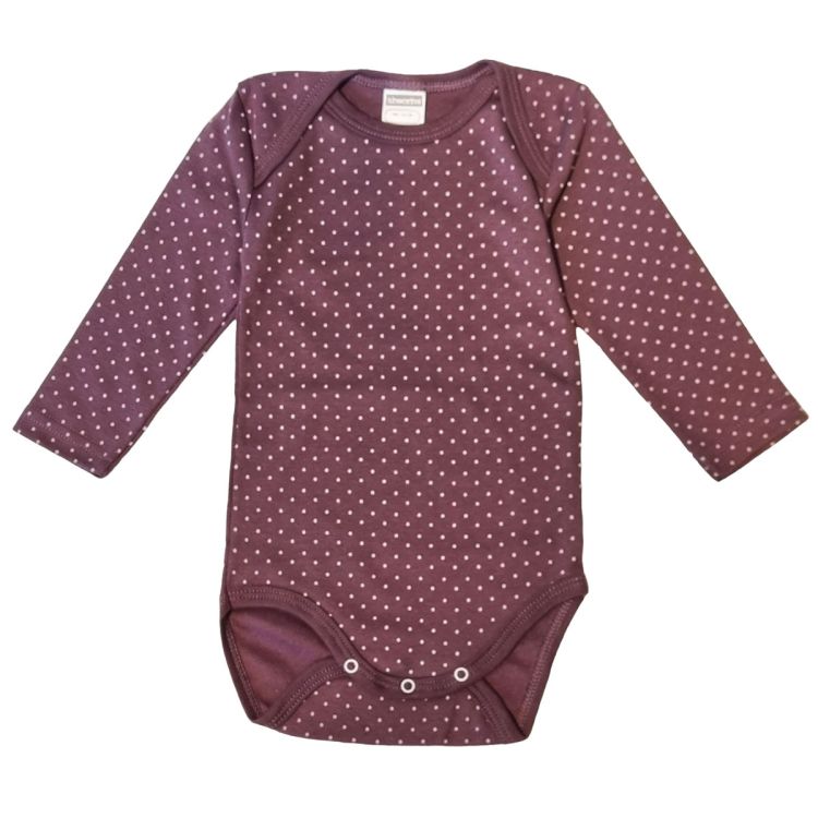 Absorba. Langærmet mørklilla body med små hvide prikker.