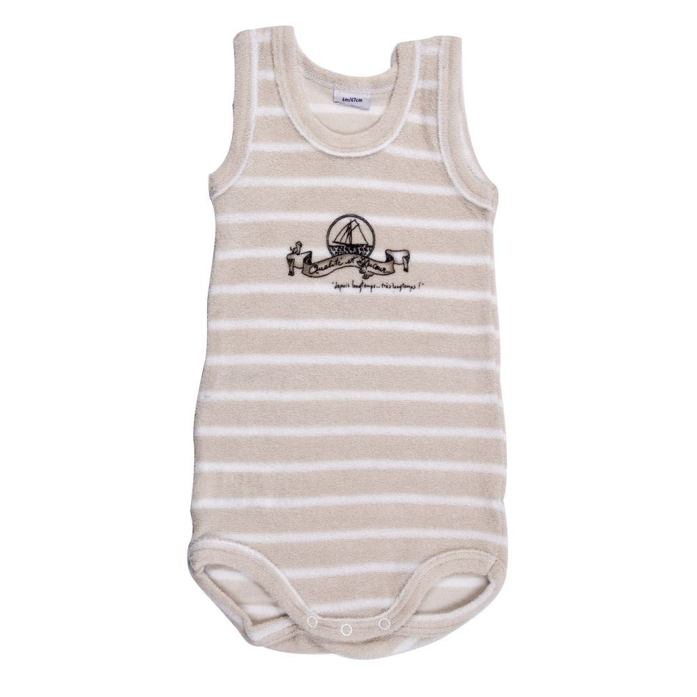 Petit Bateau. Body uden ærmer i nougatfarvet frotté med striber