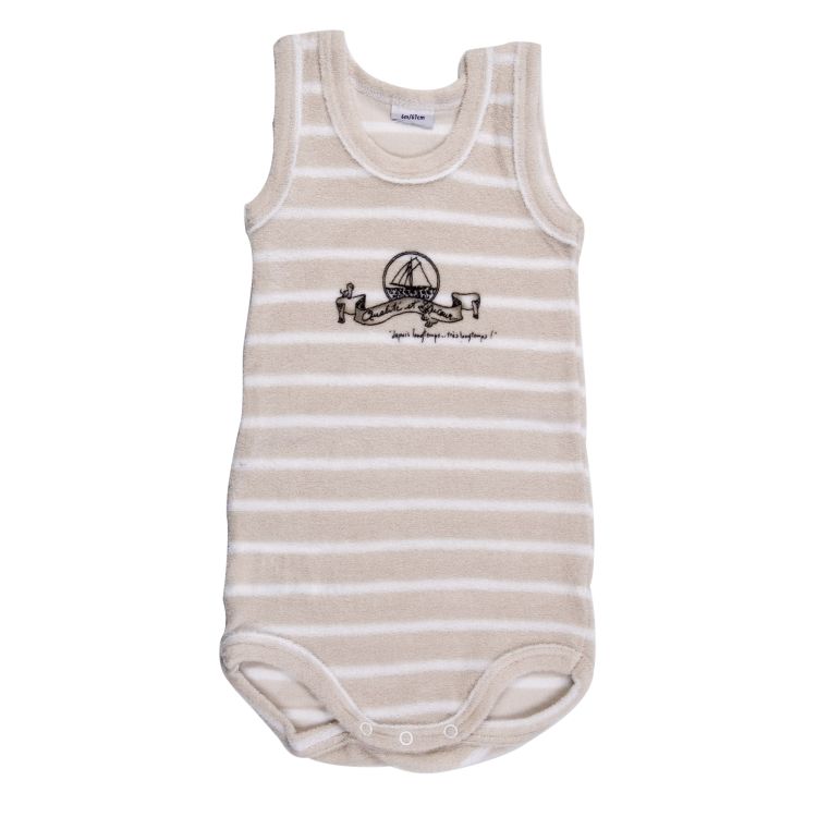Petit Bateau. Body uden ærmer i nougatfarvet frotté med striber