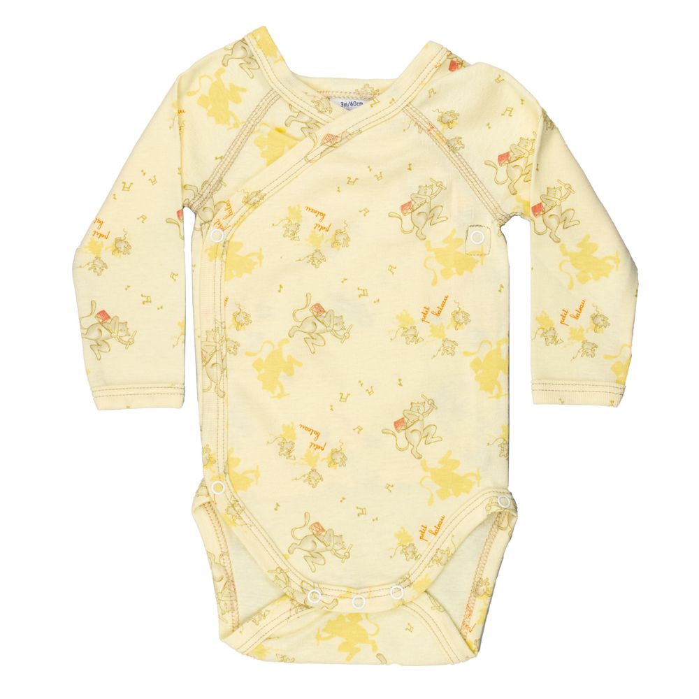 Petit Bateau. Gul slå-om body med katte