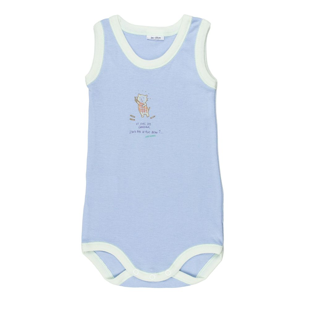 Petit Bateau. Lyseblå body uden ærmer med lille kat
