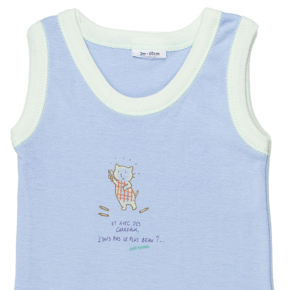 Petit Bateau. Lyseblå body uden ærmer med lille kat, udsnit