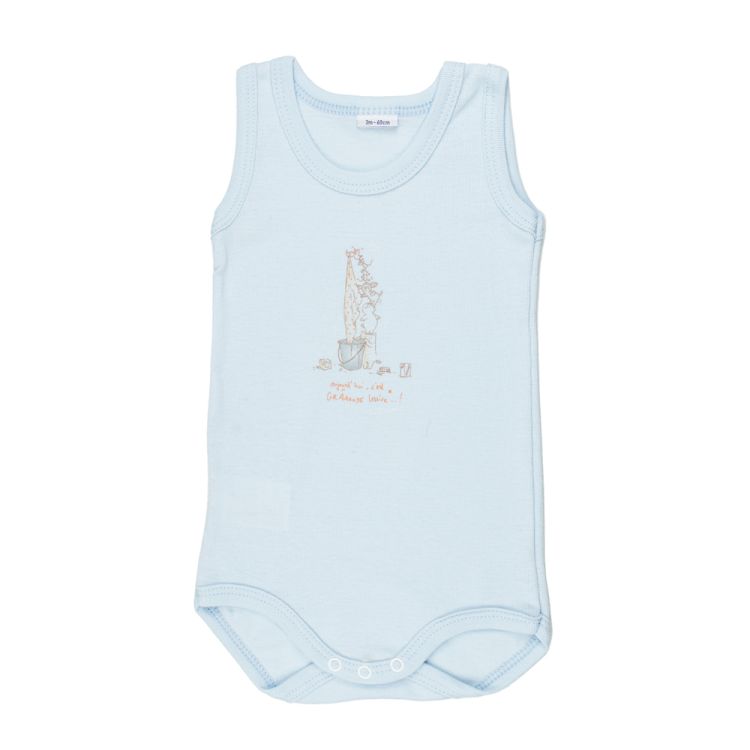 Petit Bateau. Lyseblå body uden ærmer - Vaskemus på printet