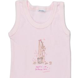 Petit Bateau. Rosa body uden ærmer med vaskemus på printet foran. Nærbillede