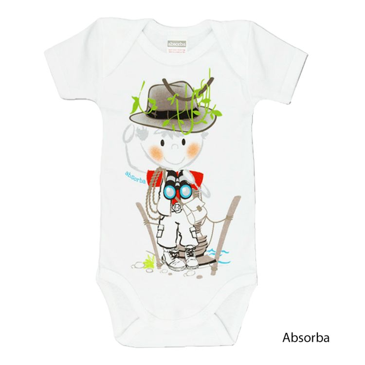 Absorba. Body, hvid med korte ærmer. Spejderdreng med kikkert