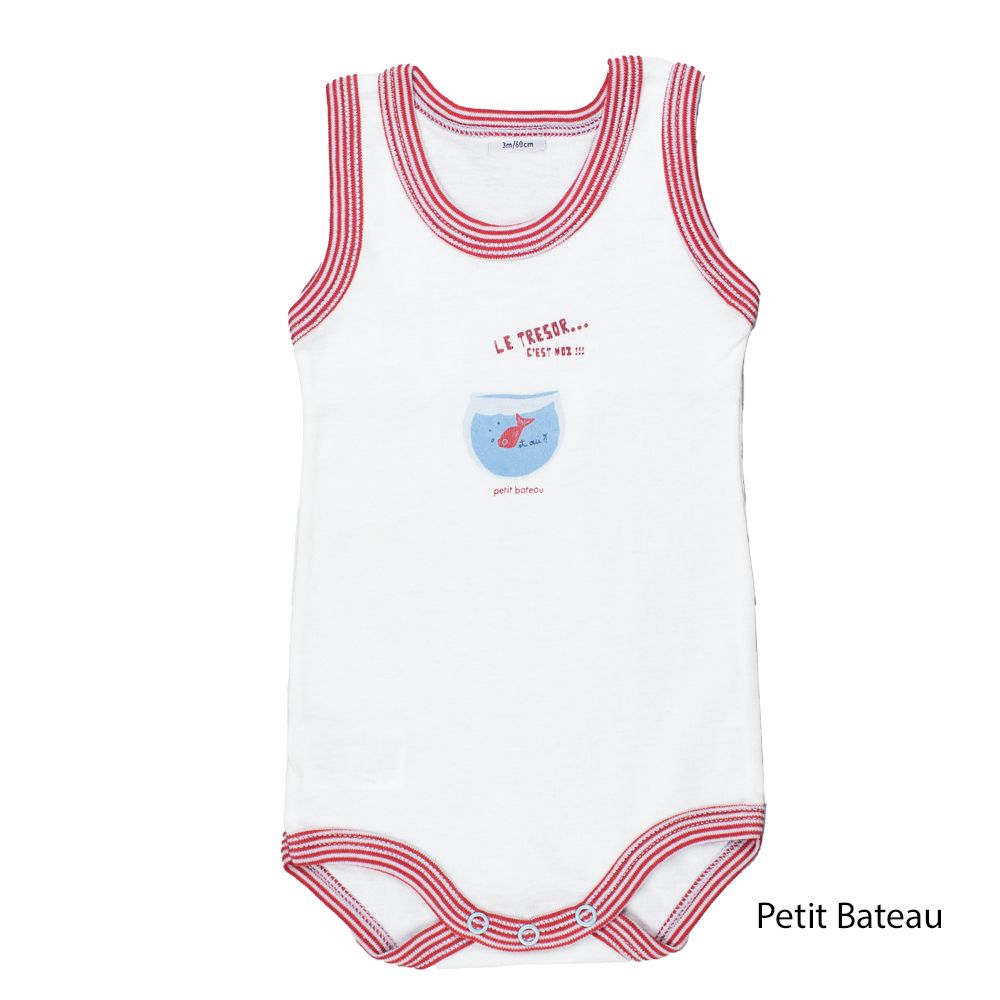 Petit Bateau. Hvid body uden ærmer. Med stribede kanter 