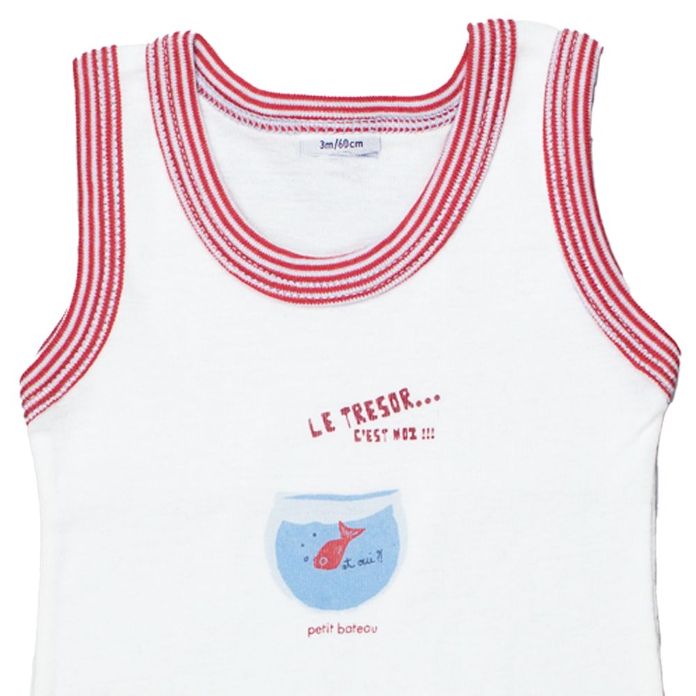 Petit Bateau. Hvid body uden ærmer. Med stribede kanter , udsnit