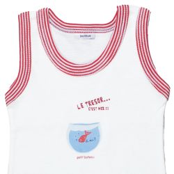 Petit Bateau. Hvid body uden ærmer. Med stribede kanter , udsnit