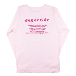 Fødselsdagsbluse 5 år.  Lyserød med vers på ryggen
