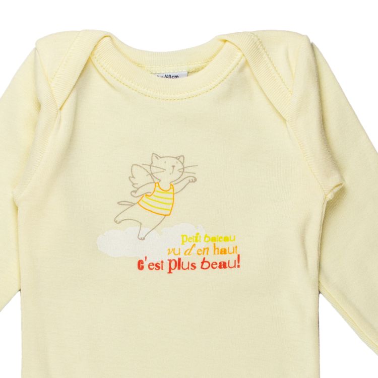 Petit Bateau. Gul body med flyvende kat, udsnit