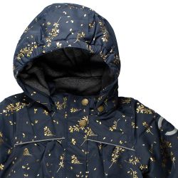 Mikk-Line. Marineblå vinterjakke med guldprint, hætte