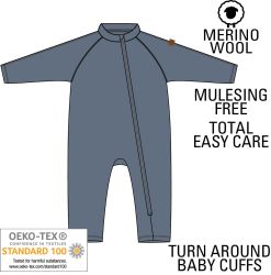 Mikk-Line, uldfleece køredragt - Støvet blågrå. Heldragten skitseret med funktioner