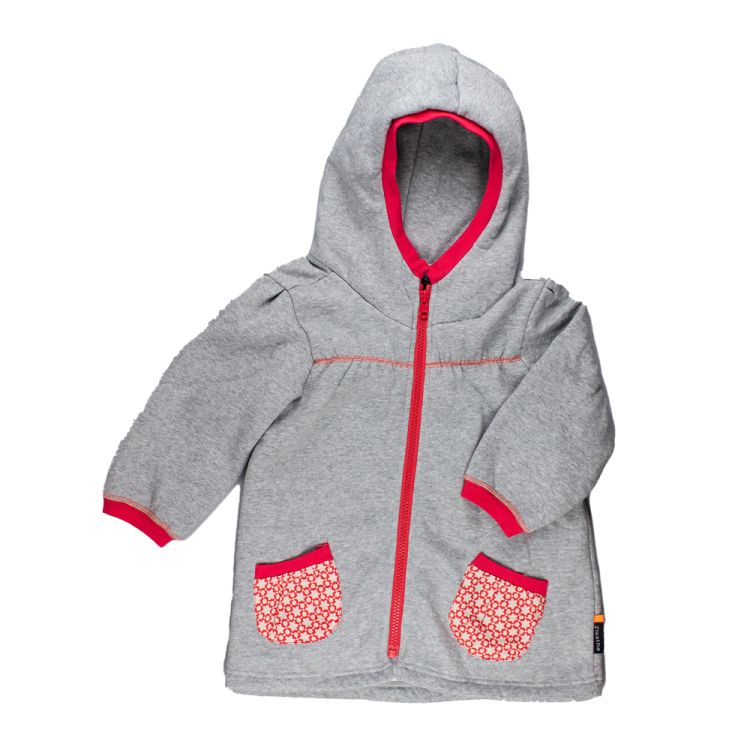 Ziestha. Pigejakke i gråt sweatshirt stof med røde detaljer