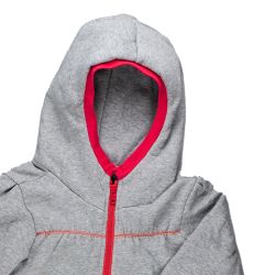 Ziestha. Pigejakke i gråt sweatshirt stof med røde detaljer, Udsnit hætte